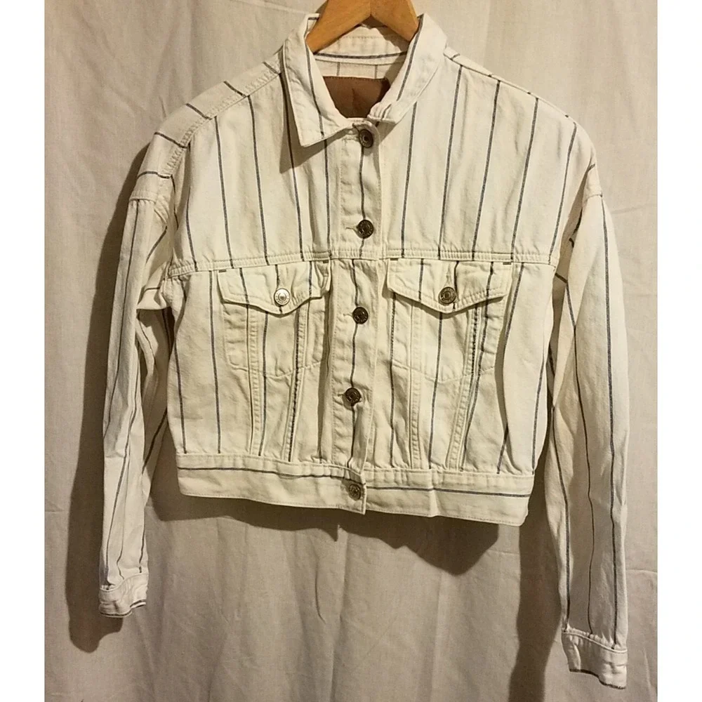 American Eagle Women Crop White‎ Blue Striped Denim Jacket Size XS Junior